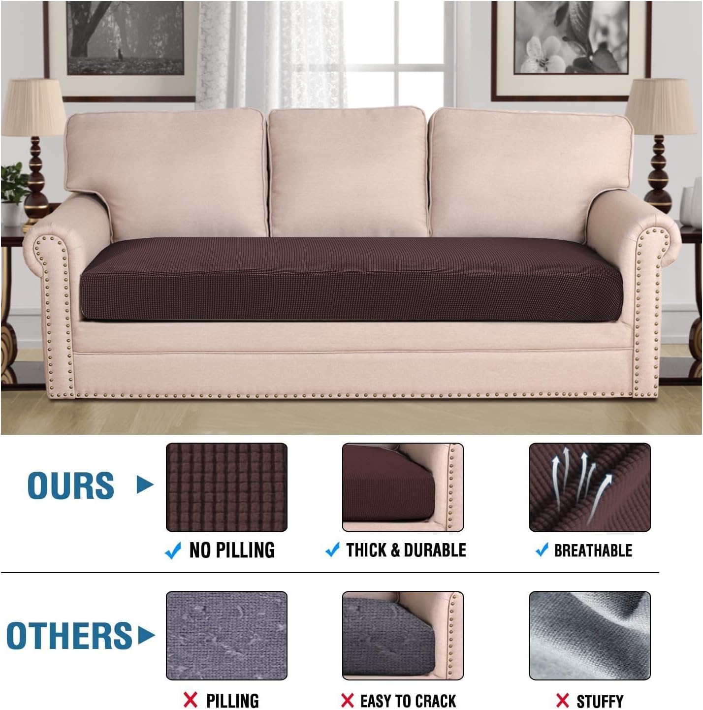 H.VERSAILTEX Super Stretch Individual Seat Cushion Covers Sofa Covers Couch Cushion Covers Slipcover Sets Thick Jacquard Textured Twill Fabric (1 Piece Sofa Cushion Cover, Chocolate)