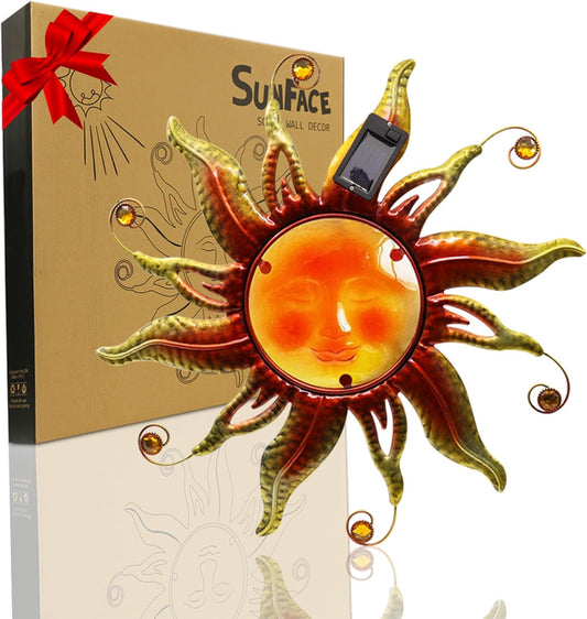 Goodeco Solar Sun Face Wall Art – Metal Outdoor Wall Decor with Solar LED Lights for Garden & Patio - Weather Resistant, Smiling Sun Face Design (18 inch, Gold