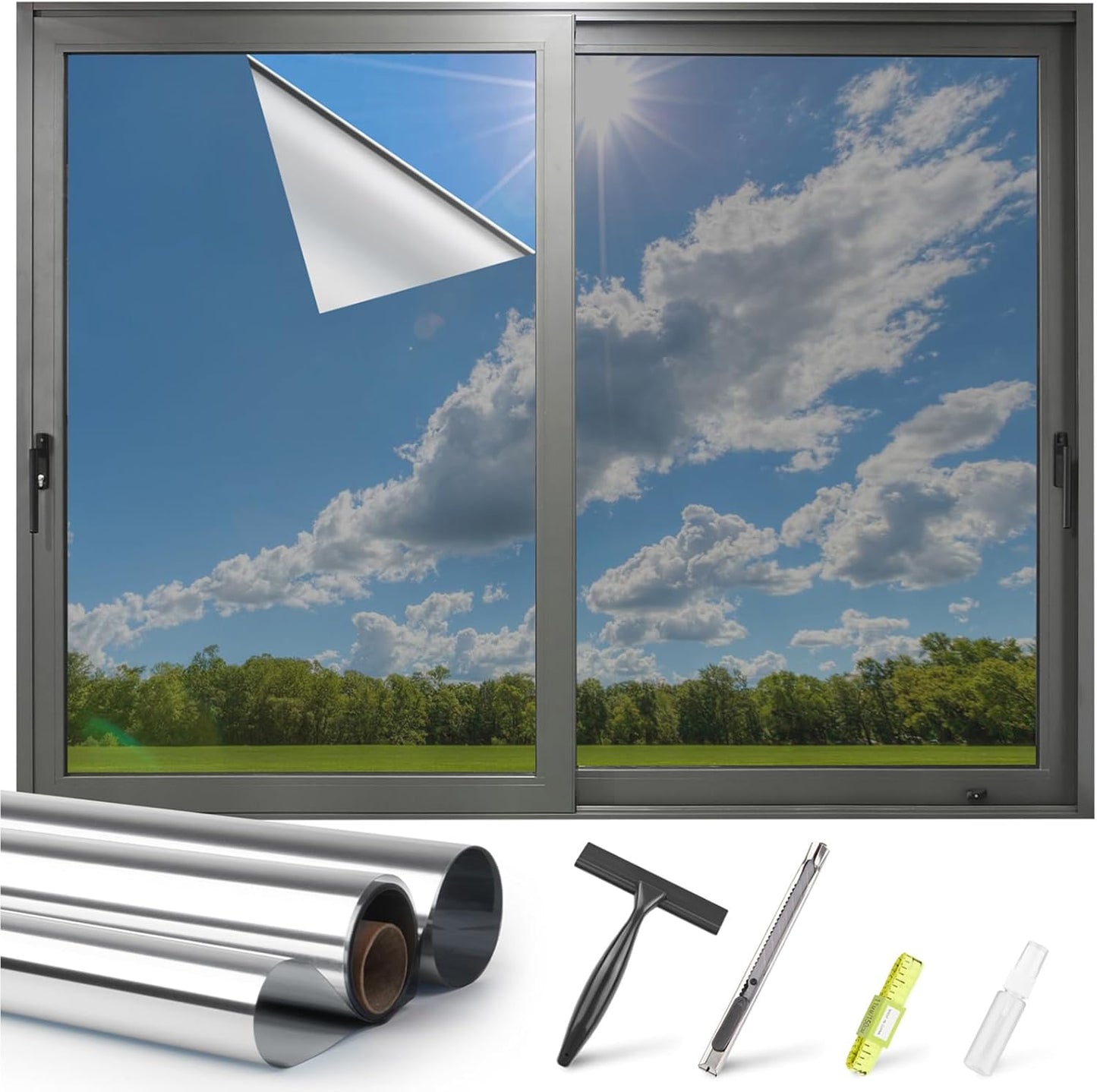 Kromapolis One Way Window Privacy Film Reflective Mirror Home Window Tint, Daytime Privacy Heat Control Anti UV Glass Tinting Static Cling (Silver, 45.2 x 78.7 inch)