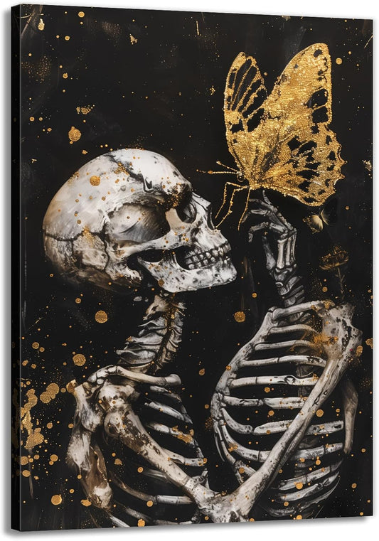 OAAPITI Skull Wall Art Skull and Gold Butterfly Canvas Print Abstract Modern Gothic Artwork for Bedroom Dark Art Decor(Artwork-7,12"x18")