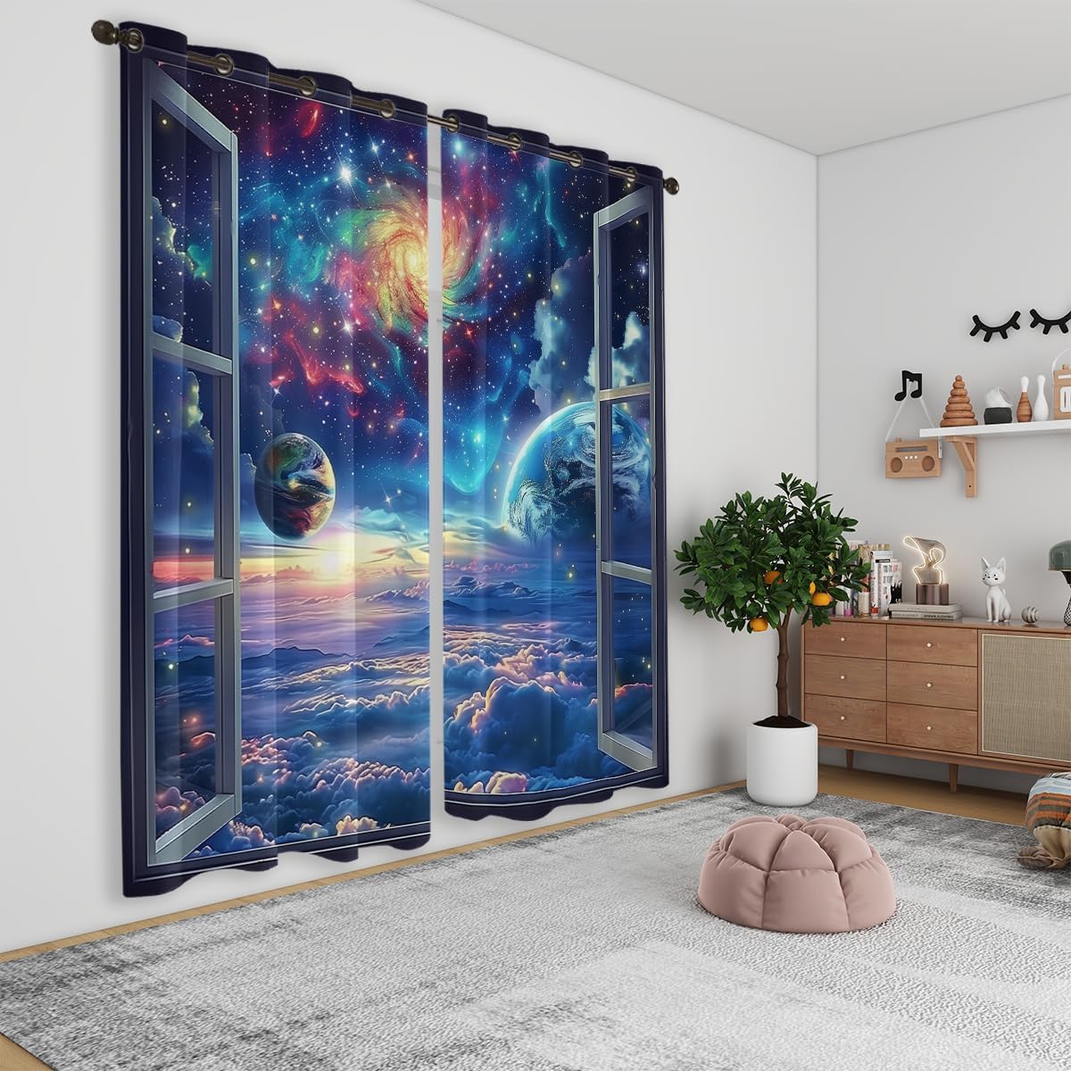 Space Galaxy Blackout Curtains for Girls Boys Kids Home Decor, Universe Nebula Galaxies Solar Planet Grommet Thermal Insulated Drapes Darkening Window Curtain for Bedroom Living Room, 63 x 63 Inch