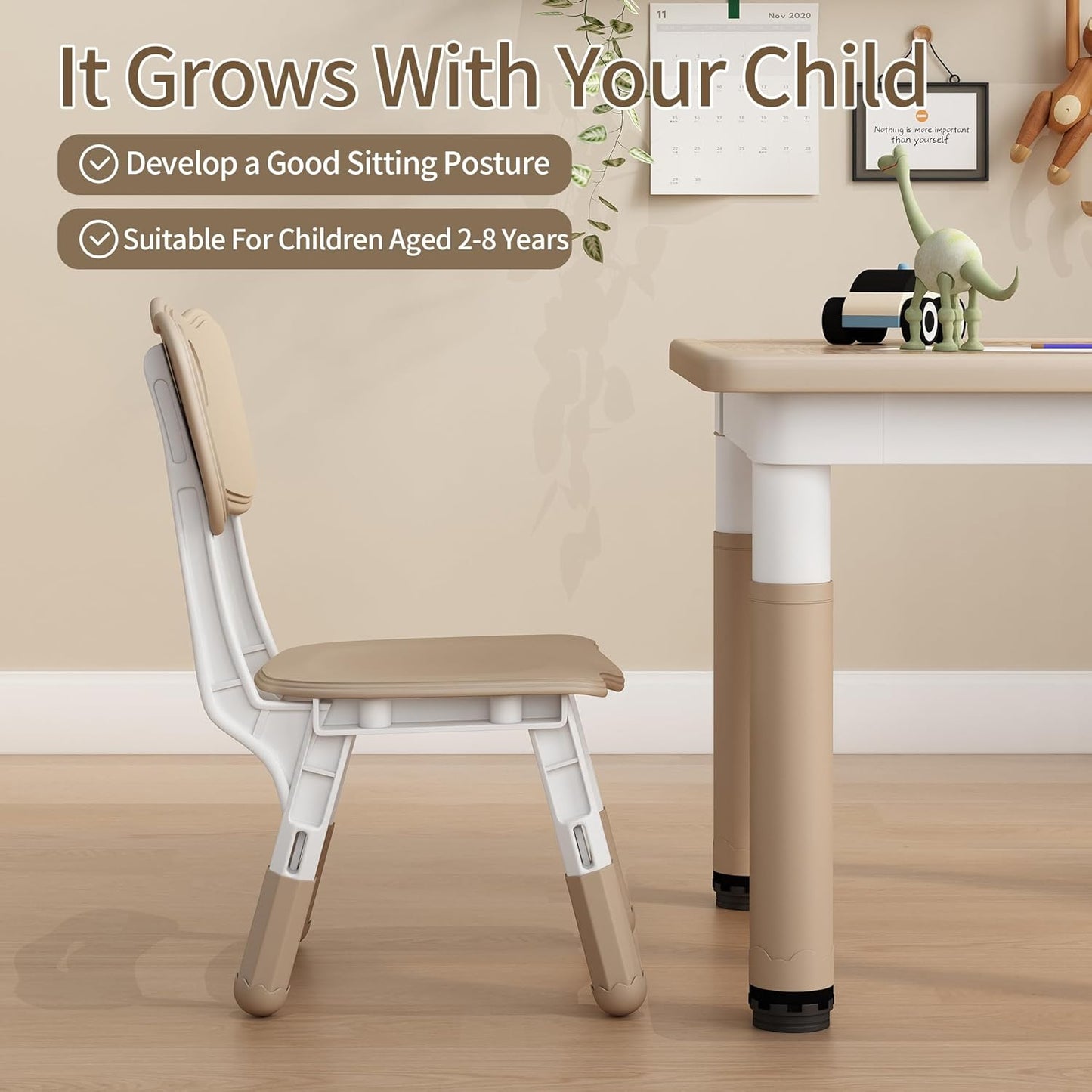 Kid Table and Chairs, Height Adjustable Childrens Table and Chair Set, Kids Tables for Age 2-8, Graffiti Desktop, Table for Kids with 4 Seats, Small Kids Table, Max 300lbs
