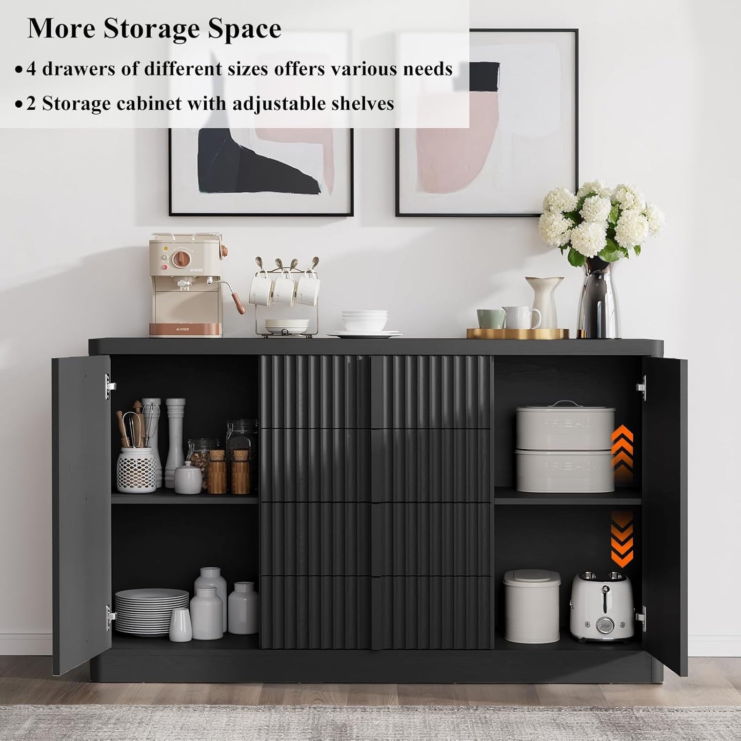 Buffet Cabinet with Storage, 120" Fluted Coffee Bar with 8 Drawers & 4 Doors, Modern Sideboard Buffet with Solid Wood Handle, Credenza Storage Cabinet for Living Room Kitchen Dining Room, Black(2PCS)