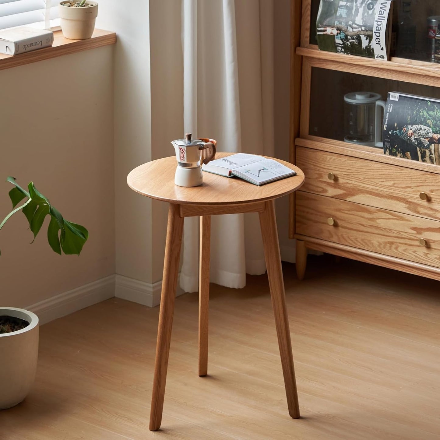 100% Solid Oak Small Tall Side Table, Mid Century Modern Coffee Table for Small Spaces, Living Room End Table with Stable Frame for Bedroom Couch, (Natural, 21.65" D x 21.65" W x 29.53" H)