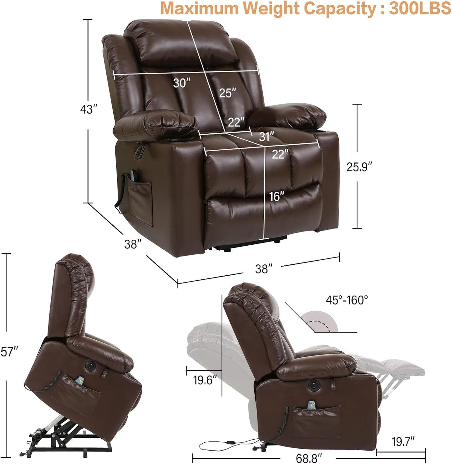 Power Lift Recliner Chair for Elderly Breathable Leather Recliner Chair with Massage and Heat for People Limited Mobility,2 Cup Holders,Electric Stand Assist,USB Ports,Gifts for Family (Brown)