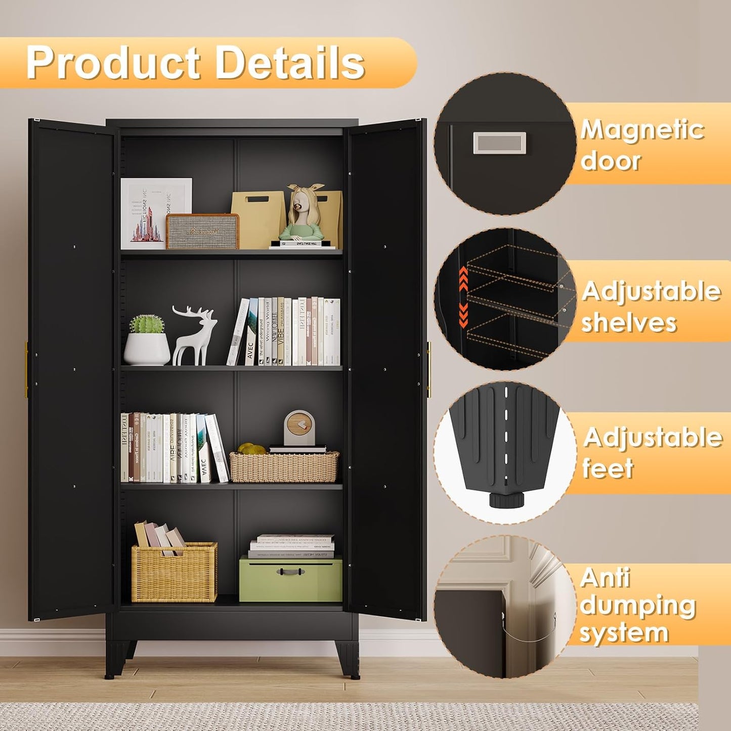 61" H Metal Kitchen Pantry Storage Cabinet, Freestanding Cupboard with 2 Doors and 3 Adjustable Shelves, Standing Storage for Kitchen, Bathroom, Garage, Dinning Room or Utility Room（Black）
