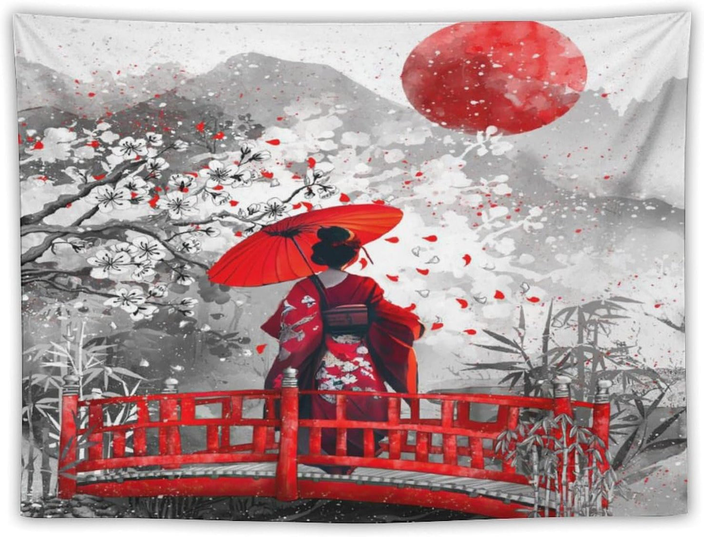Japanese Red Geisha Tapestry Asian Cherry Blossom Red Sun Traditional Kimono Folk Tapestries Home Decor for Living Room Bedroom Apartment Farmhouse Dorm 60"x50"