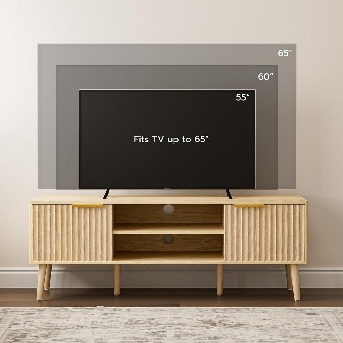 TV Stand for Living Room, Boho Entertainment Center for 55/60/65 inch TVs, Media Console with Fluted Door Cabinets and Open Shelves, for Bedroom, Oak