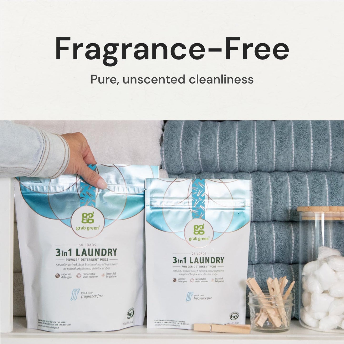 Grab Green 3-in-1 Laundry Detergent Pods, 132 Count, Fragrance Free, Plant and Mineral Based, Superior Cleaning Power, Stain Remover, Brightens Clothes