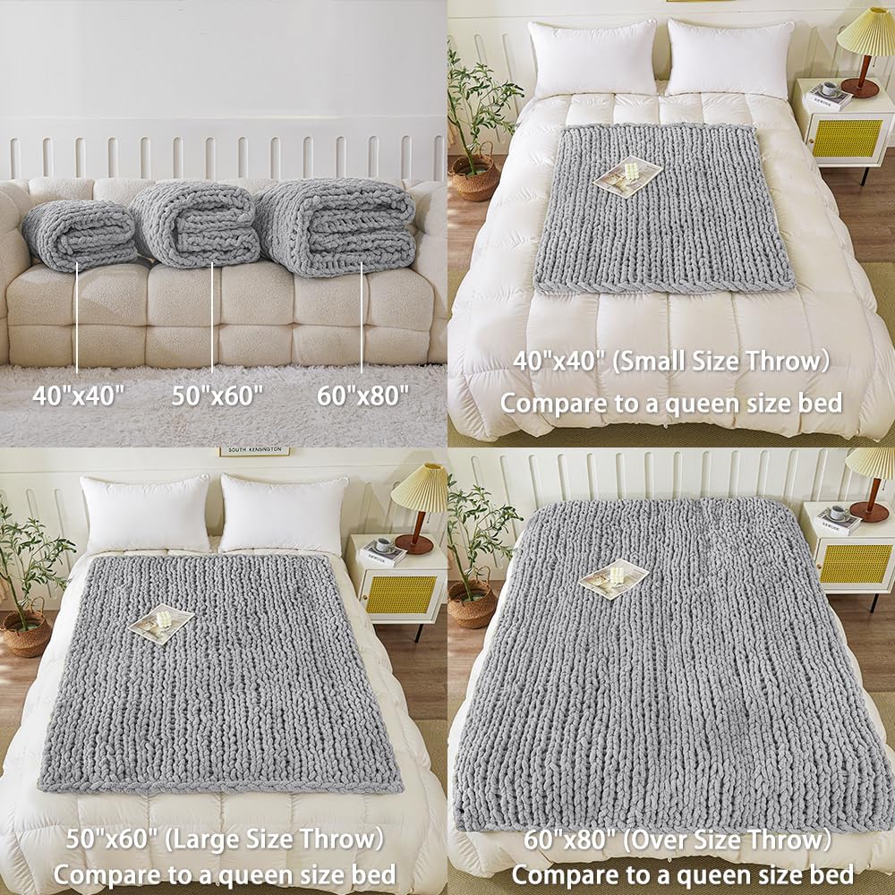 WESHIONGOO Chunky Knit Blanket Throw 50"×60" Knitted Throw Blankets for Couch Bed Fluffy Soft Blanket with Jumbo Chenille Yarn Thick 100% Handmade (Lingt Grey)