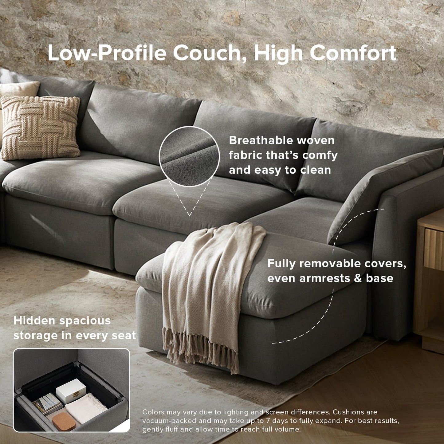 mopio Oversized Modular Sectional Sofa with Fully Removable Covers and Storage, Convertible U, L-Shaped and Sleeper Sectional, Modern Couches with Ottoman Chaise (Stone Gray Fabric, 4 Seats, L)
