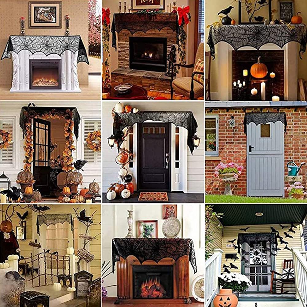 Hommtina 4 Pack Halloween Decorations Tablecloth Runner Black Lace Round Spider Cobweb Table Cover Fireplace Mantel Scarf Spiderweb with 60 Pcs 3D PVC Scary Black Bat Sticker Halloween Party Supplies