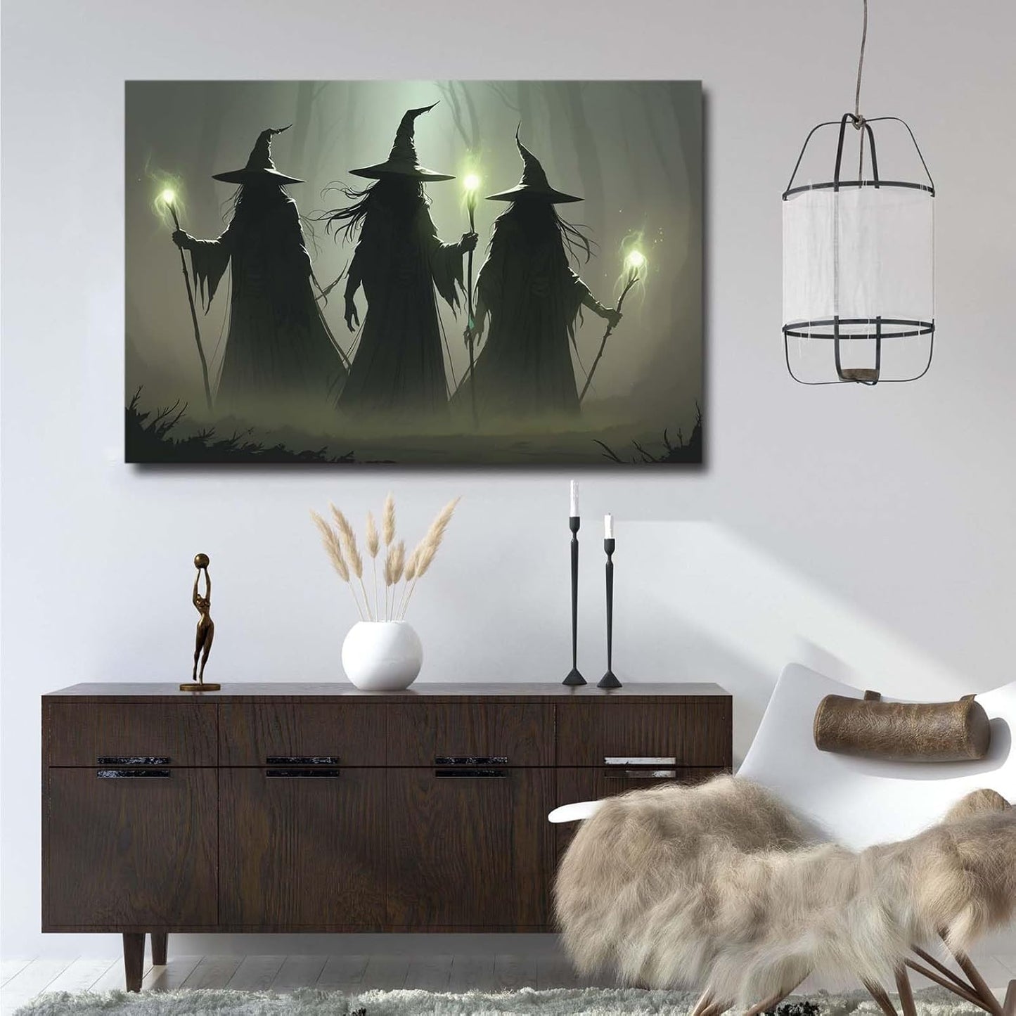 Vintage 3 witches canvas wall decor melancholy dark Halloween poster wall decor holding a staff print Gothic horror Halloween painting print for living room bedroom28x40in Wood Framed