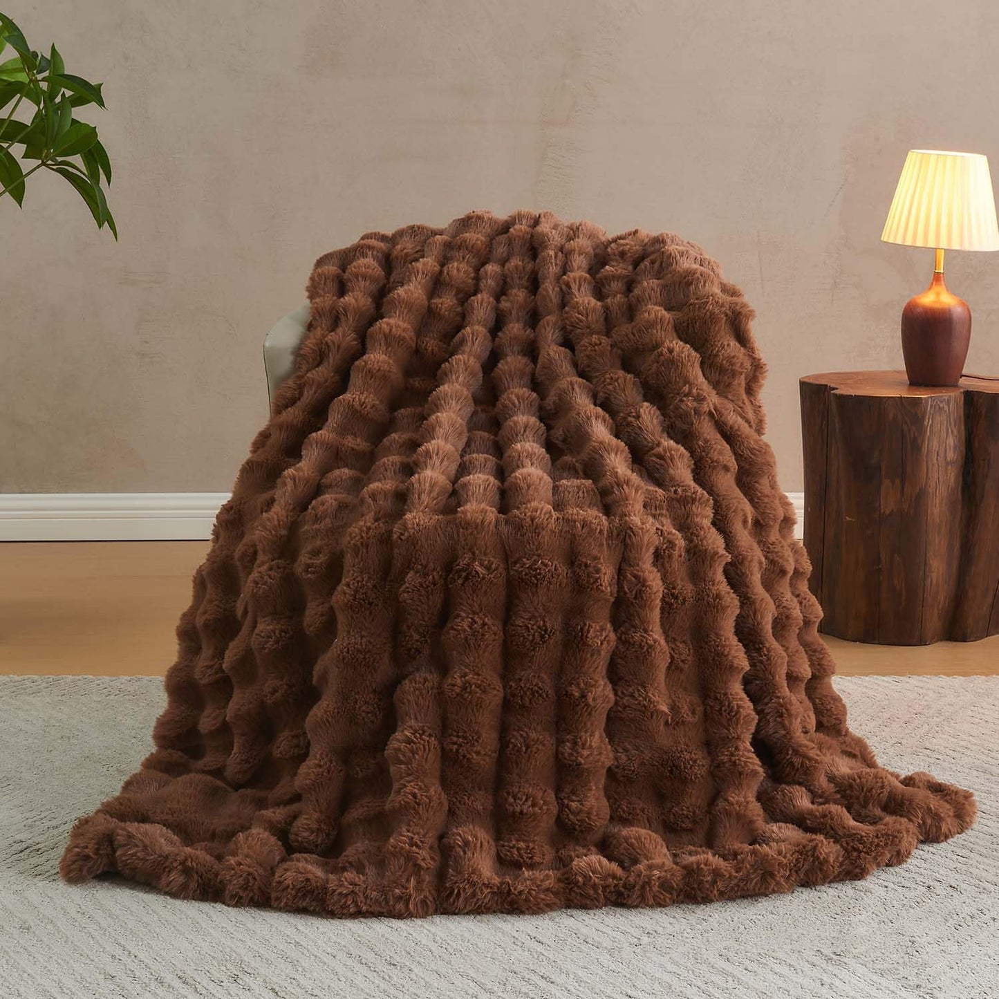 Lotus Karen Faux Fur Throw Blanket Dark Coffee - Big Bubble Rabbit Fluff Blanket for Couch Bed Sofa,Softest Fluffy Fuzzy Cozy Blanket,Thick Furry Plush Shaggy Warm Blankets for Women,90x90 Inches