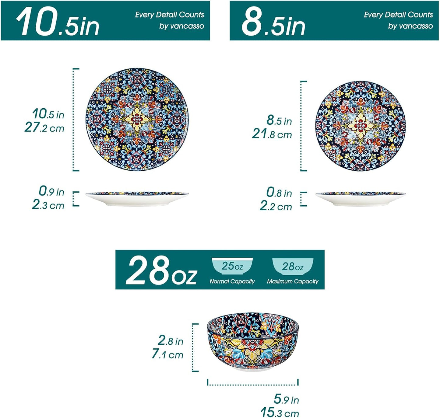 vancasso 12 Pieces Dinnerware Sets, Red Plates and Bowls Set, Porcelain Dishes Set for 4, Microwave and Dishwasher Safe, Scratch Resistant, Bohemian Style Dining Ware Service for 4, Series SIMI