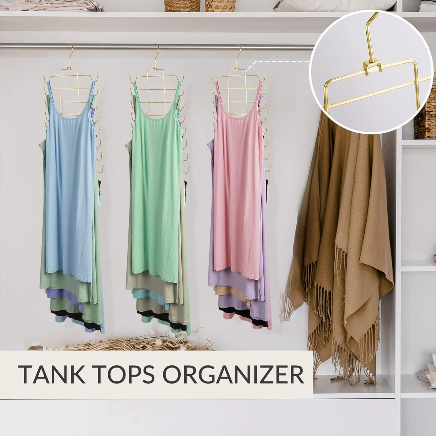 ZEDODIER 3 Pack Tank Top Hanger, Space Saving Bra Hangers, Non-Slip Hanging Sport Bras Holder, Closet Organizers and Storage for Camisoles Tank Tops Bras Ties Swimsuits Strappy Dress, Gold