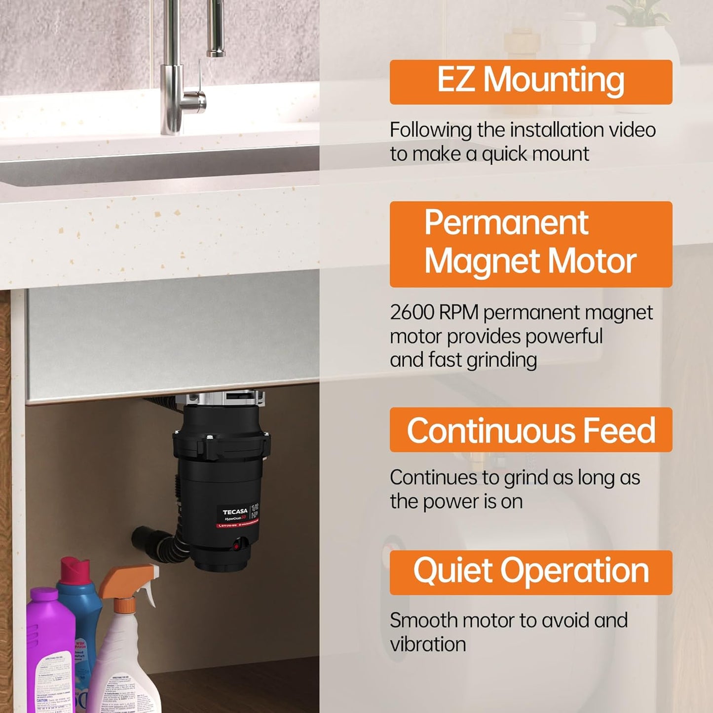 1/2 HP Garbage Disposals, TECASA Continuous Feed, Stainless Steel Food Waste Grinding System for Kitchen Sink Food Waste, Power Cord Included, Black - HyperCrush 50