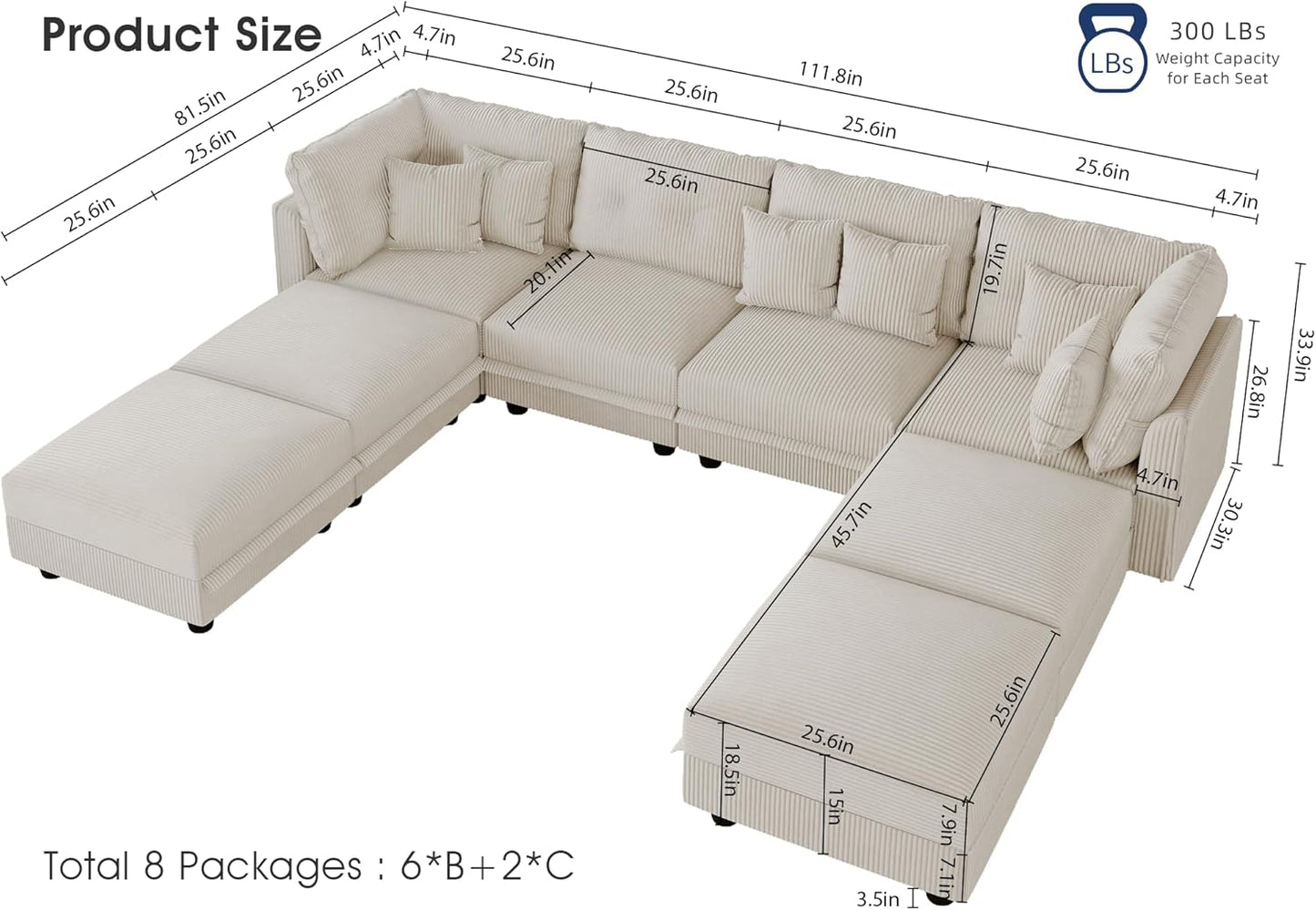 LLappuil Modular Sectional Sofa with Storage Seats, Corduroy Convertible Modular U Shaped Sectional Couch for Living Room, 8 Seat Oversized Sofa with 6 Back Cushion 6 Throw Pillow, Beige