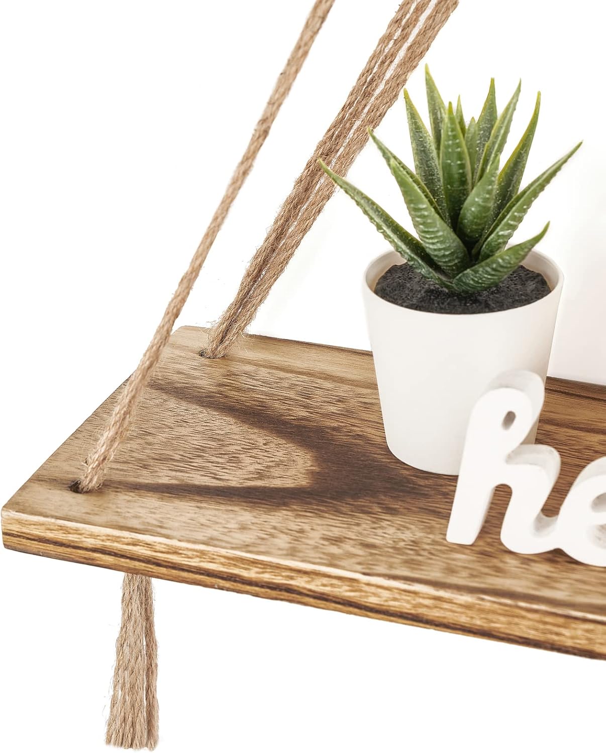 Mkono Macrame Hanging Shelves Boho Wall Decor Set of 2 Rustic Wood Floating Storage Shelf for Bedroom Bathroom Living Room Nursery Dorm Room, Display Shelving for Hanging Plants Photos