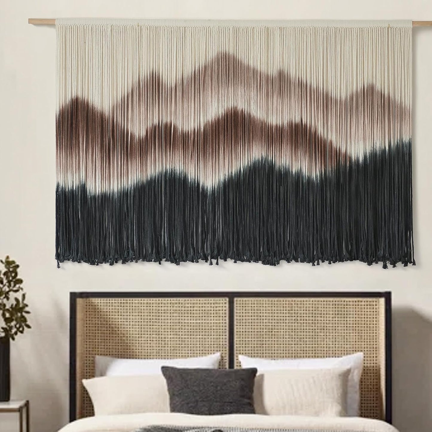 IOWER Macrame Wall Hanging 57" W x 35" L Brown Mountain Dip-Dyed Macrame Wall Decor Large Modern Fiber Art Boho Wall Decor