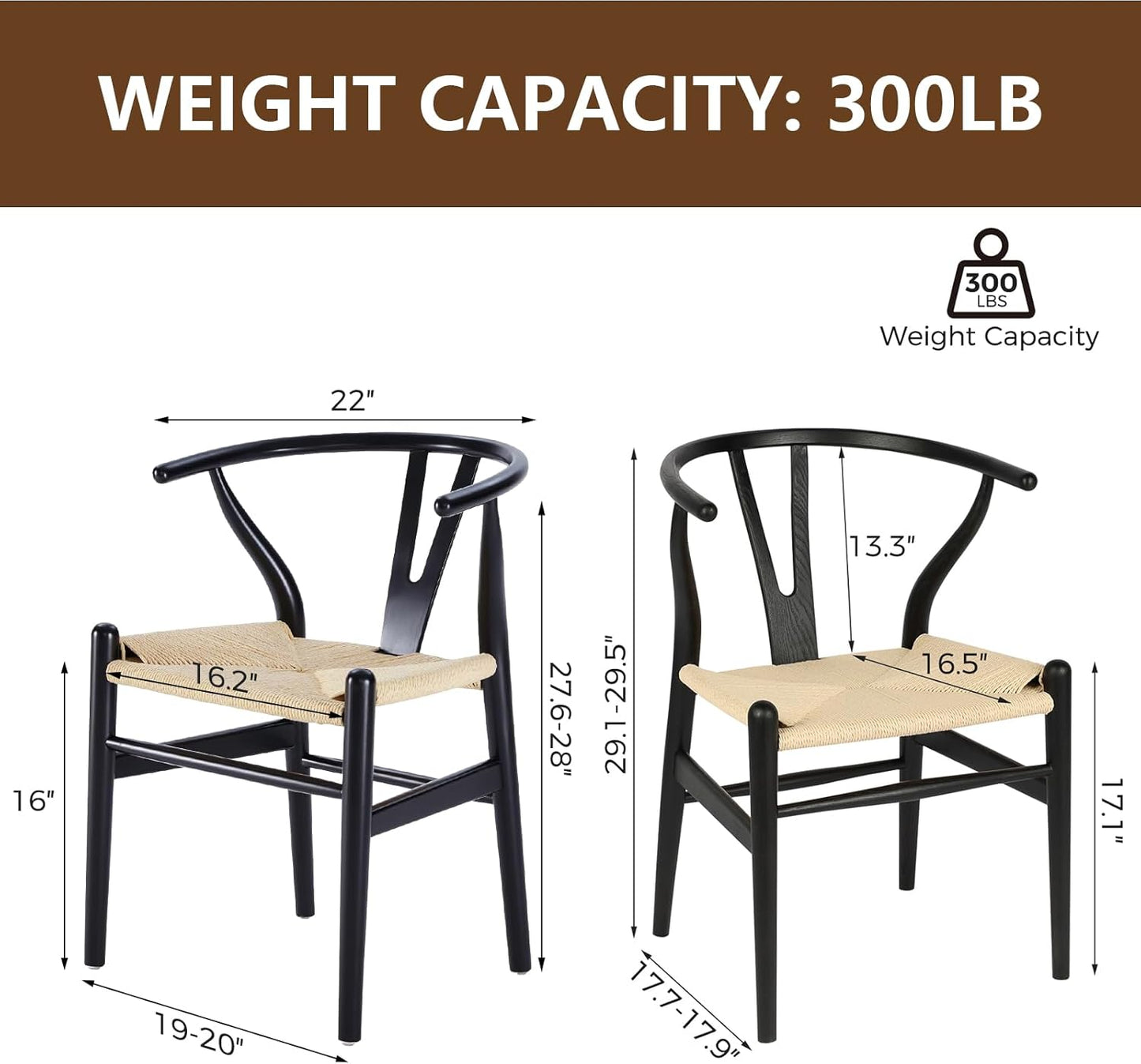 Wishbone Chair Natural Solid Wood Dining Chair/Hans Wegner Y Chair Rattan and Wood Accent Armrest Chairs - Ash Wood Chairs Set of 1 (Ash Wood - Black + Natural Color)