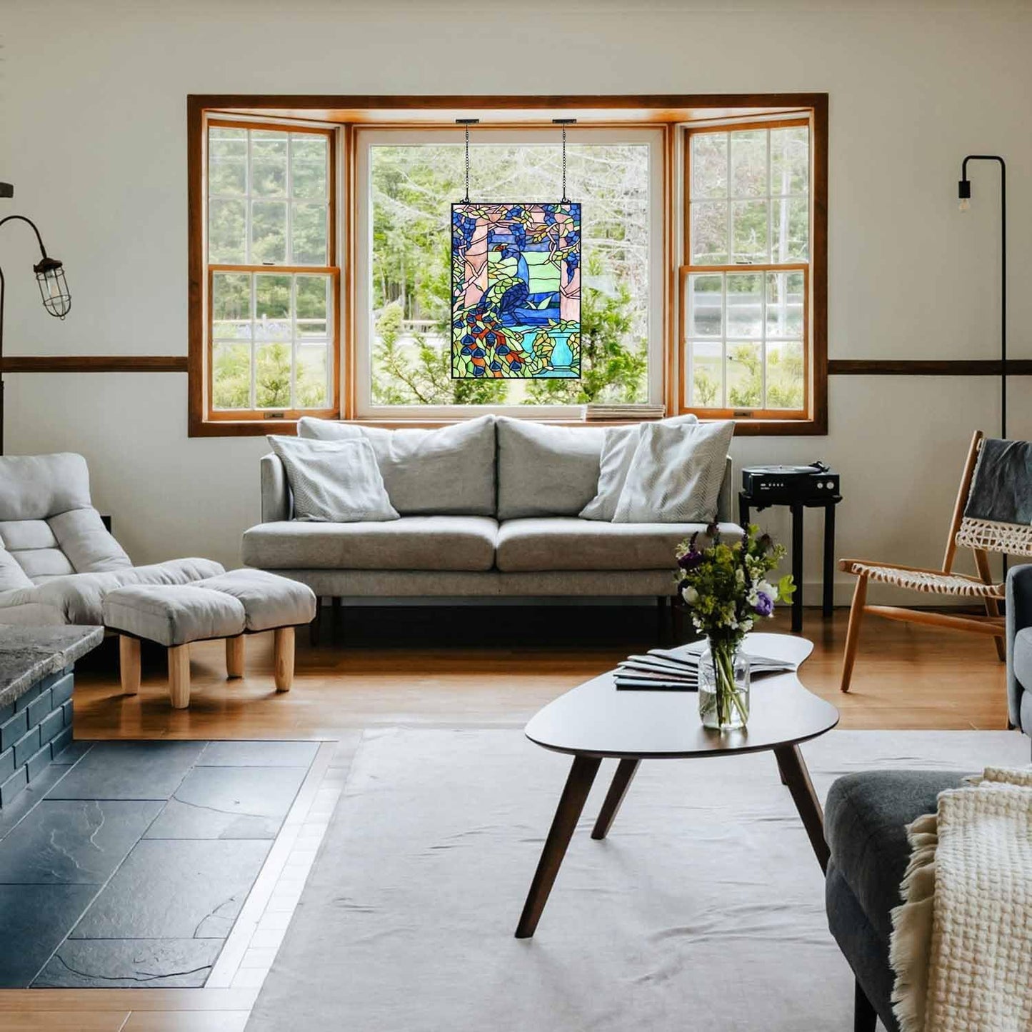 Bieye W10095 Peacock in Garden Tiffany Style Stained Glass Window Panel for Home Decor (Blue, 17.5Wx23.75H Rectangular)