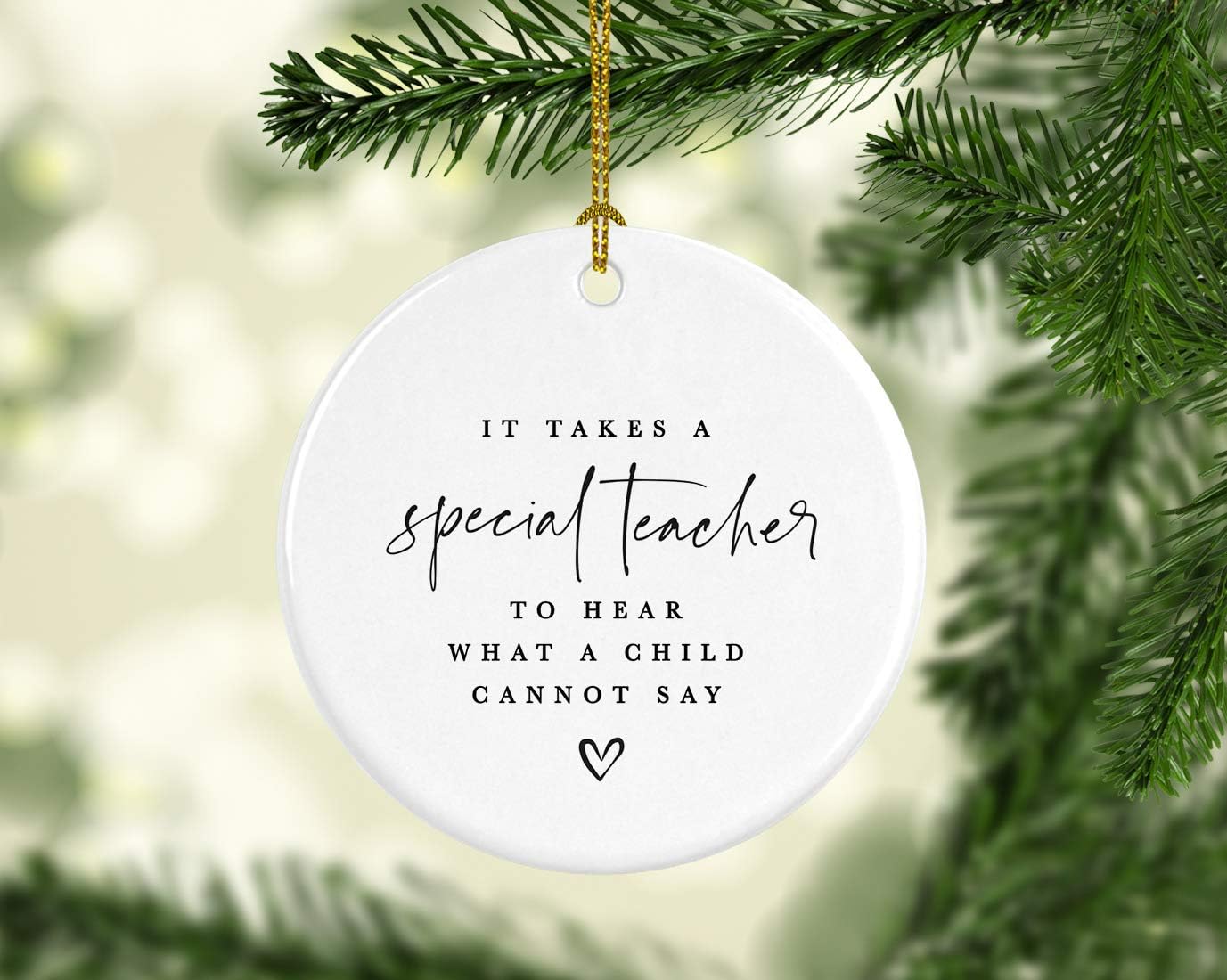 Andaz Press Round Ceramic Porcelain Christmas Tree Ornament For Teacher, It Takes A Special Teacher To What A Child Cannot Say, Heart Graphic 1-Pack Autism Therapist Special Education Teacher Ornament