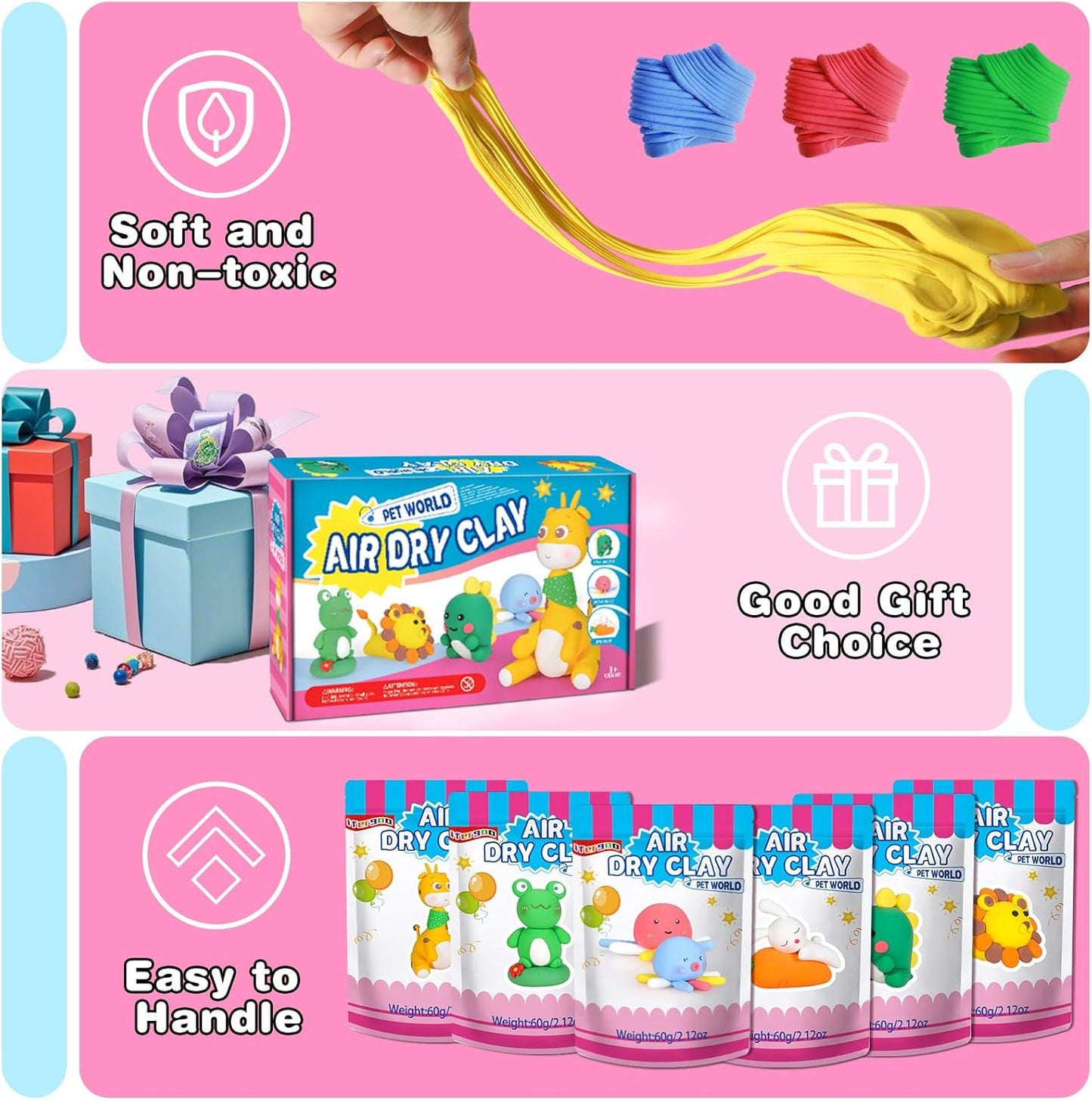 ifergoo Air Dry Clay for Kids - Animal Modeling Clay Kit, 6 Animal Designs with Sculpting Tools & Tutorials, Ultra Light & Soft, Arts & Crafts DIY Creative Toys, Gifts for Age 3-12 Girls & Boys
