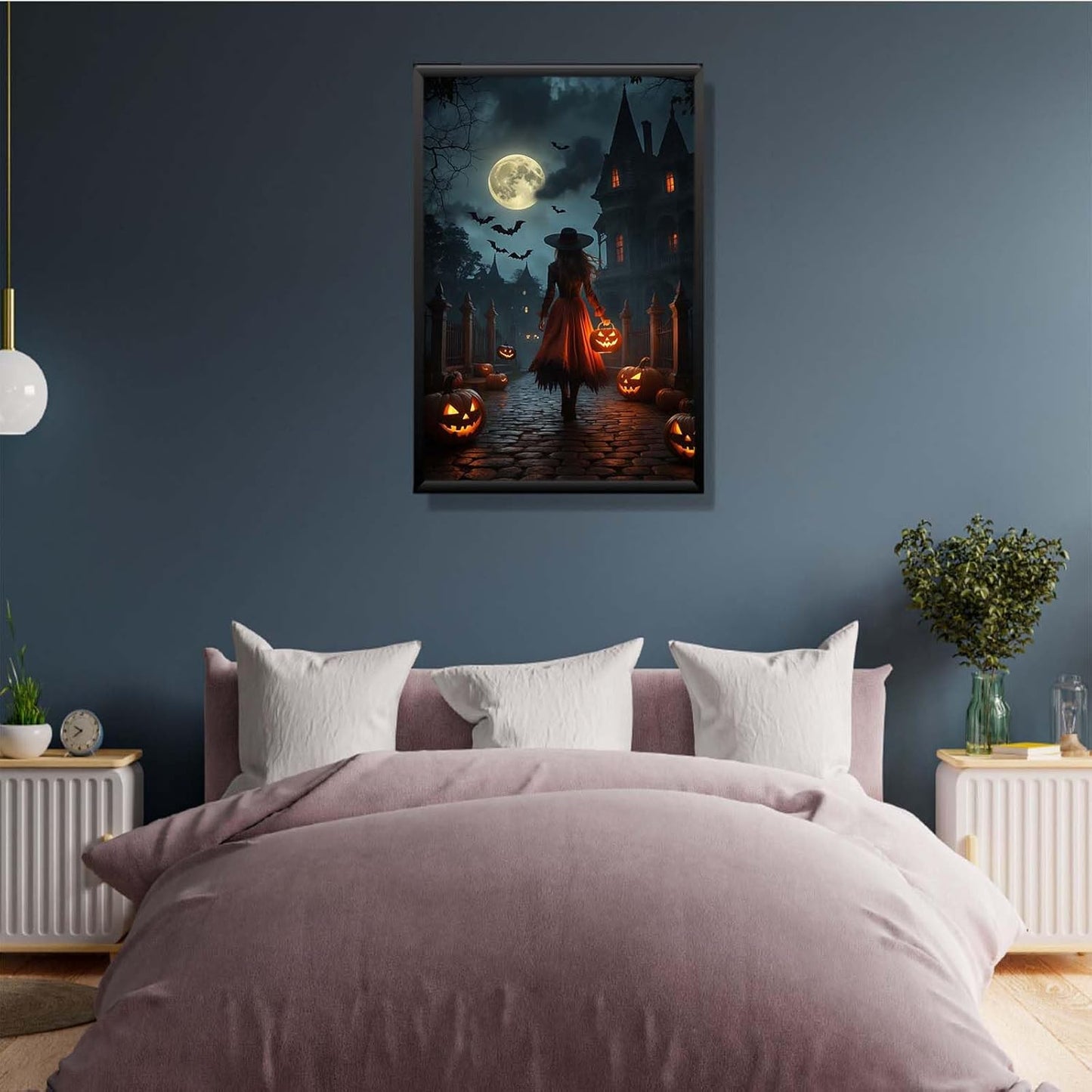 JFHCQJPK Halloween theme poster moonlit autumn night witch vintage poster art print dark college style gothic painting canvas wall decoration bedroom living room ideal gift8x12in Metal blackFramed