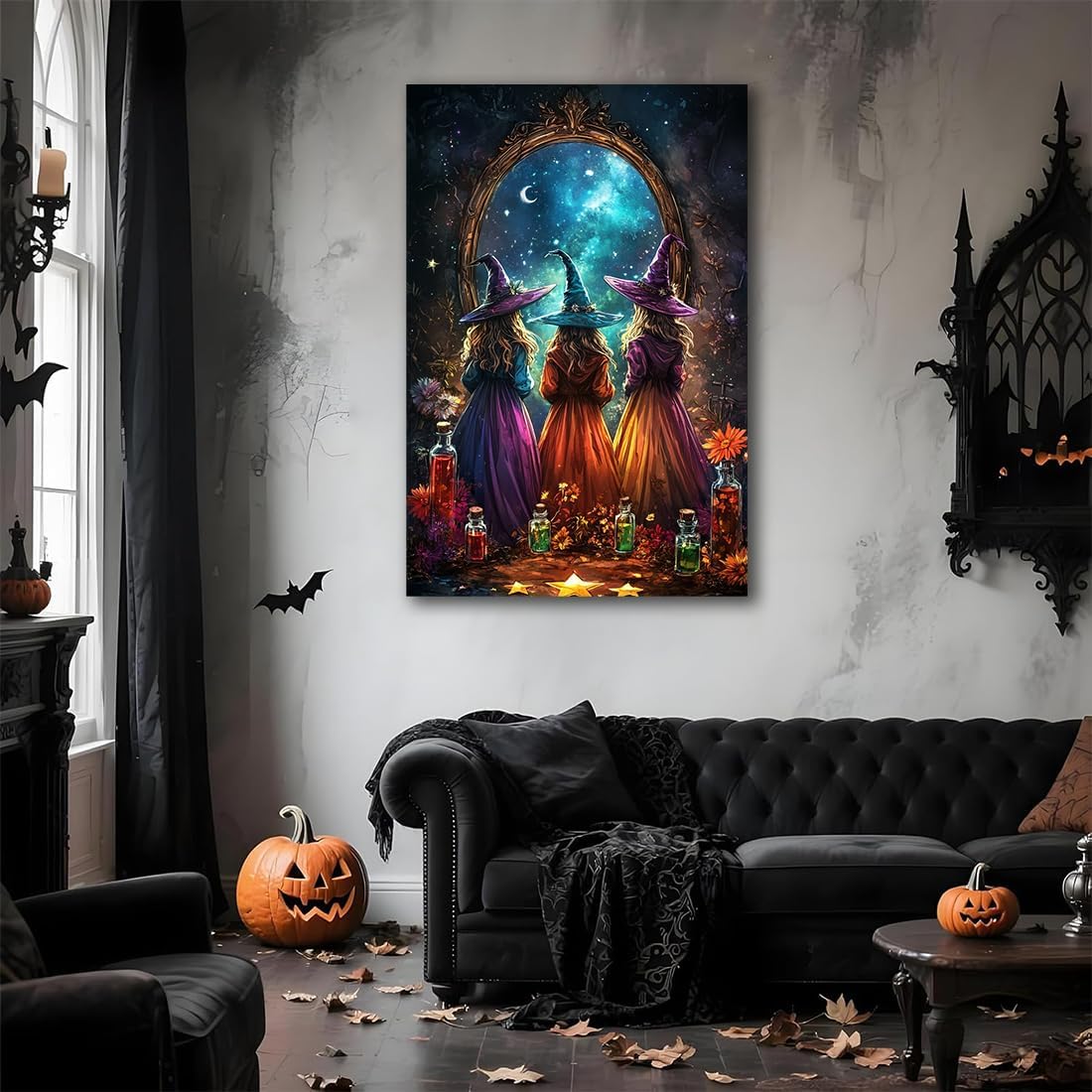 Witch Poster Halloween Fall Wall Art Decor,Three Witches with Magic Potion Mirror Colorful Vintage Print,Dark Academia Spooky Canvas Art Prints for Home Living Room,20"x30" Framed