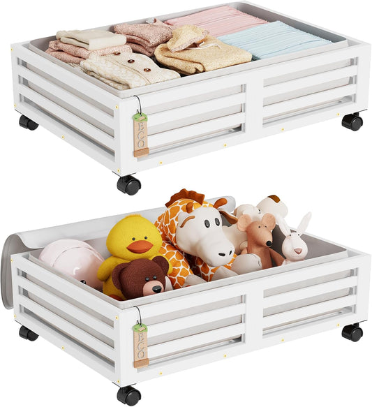 Bamboo Under Bed Storage Containers- Underbed Organizer with Wheels with Large Dust Bag,Sturdy Wood Rolling Under the Bed Shoe Storage Organizer Drawer 2 Packs (White, Small)