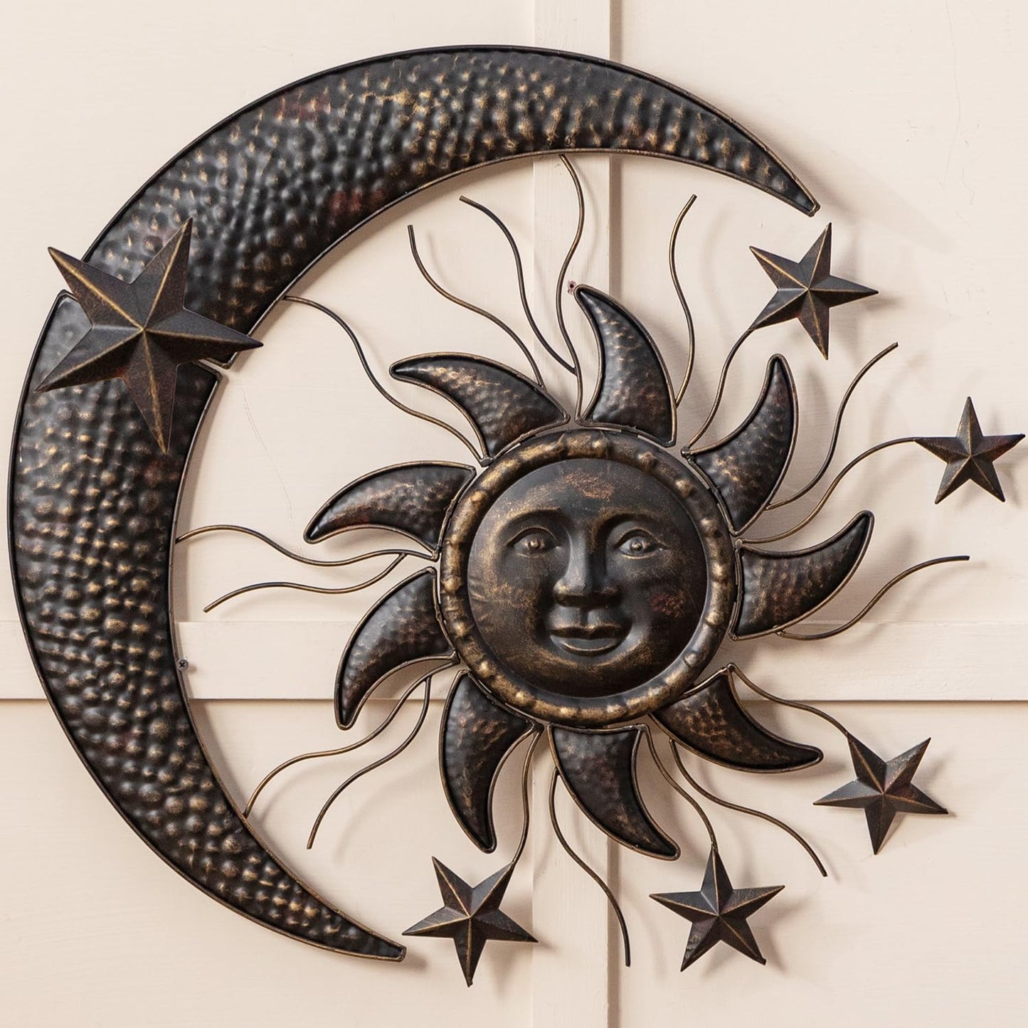 TICKCACY 27” Metal Sun Wall Decor, Vintage Sun Moon Stars Wall Hanging Decoration, Moon and Stars Wall Art Sculpture for Indoor Outdoor Living Room Bedroom Garden Yard Patio Fence