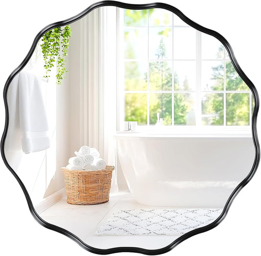 Fabuady Black Round Wavy Edge Mirror - 30'' Circle Wall Mirror with Metal Frame, Decorative Hanging/Leaning Mirror for Bathroom, Bedroom, Living Room, Hallway, Entryway, Office, Home Decor