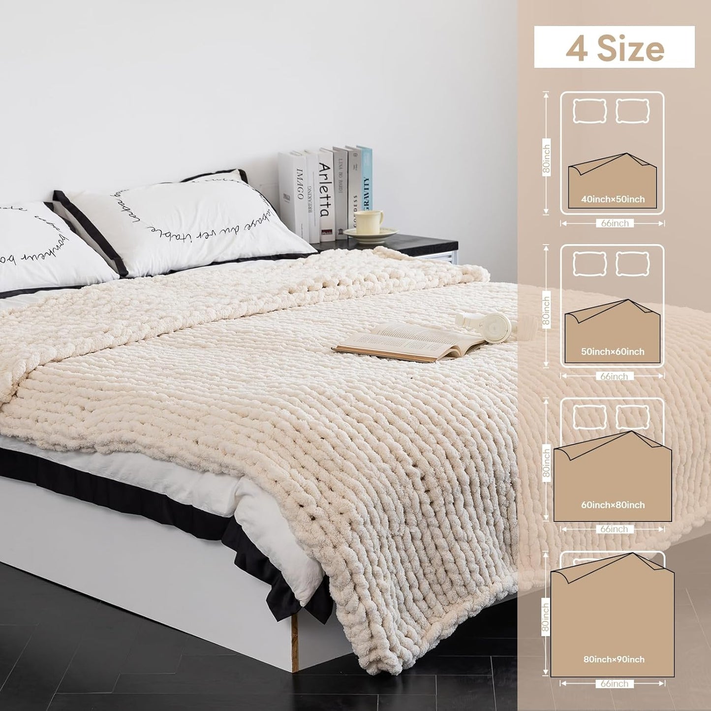 Chunky Knit Blanket - Luxury Soft Cozy Extra Large Size (80 * 90) Throw Blanket,100% Woven Blanket Rope Knot Throw Blanket for Couch, Sofa, Home Decor, Gift - Machine Washable（Cream）