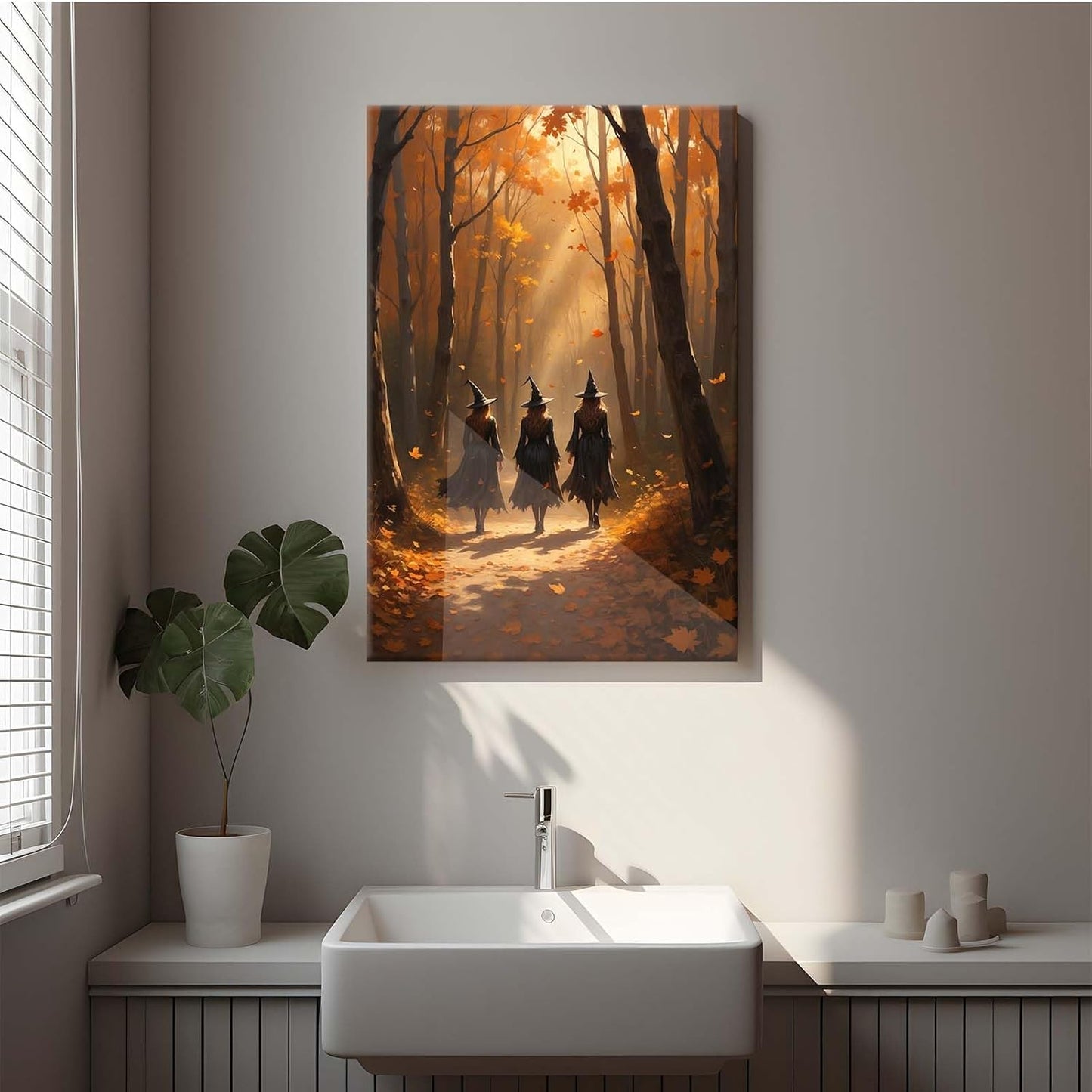 Three witches walking in the forest in autumn canvas painting gothic poster halloween print country witch wall art for home decoration8x12in Wood Framed