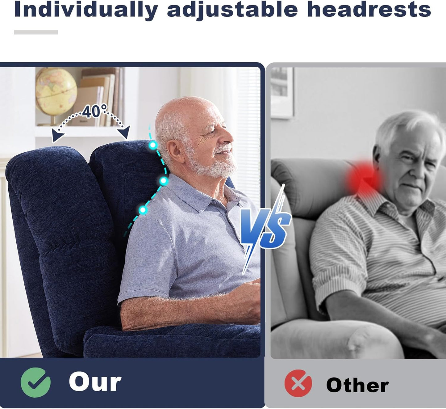 Triple Motor Power Lift Recliner Chair with Massage and Dual Heat for Elderly People, Zero Gravity Lay Flat Recliner Infinite Position, USB Ports（Navy Blue）