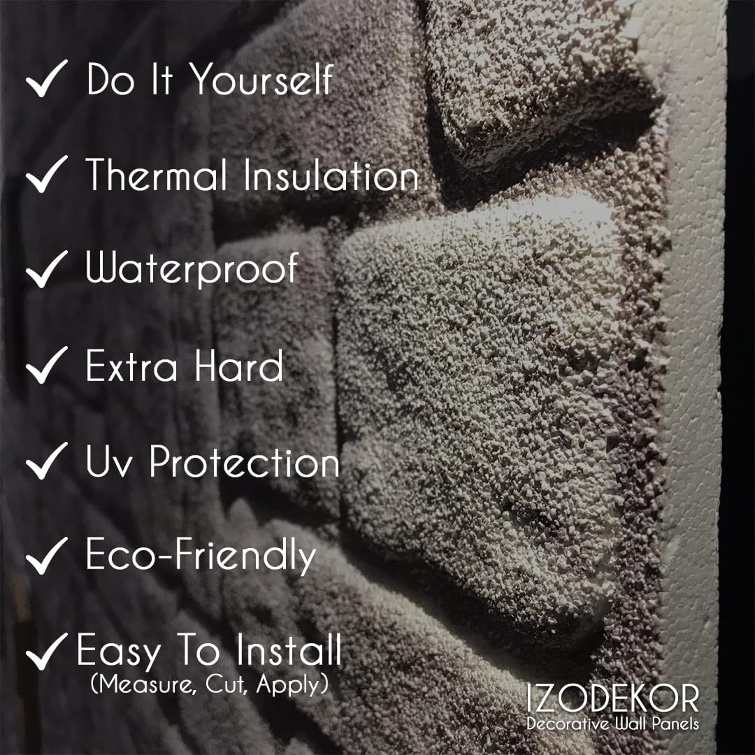 IZODEKOR 3D Wall Panels Brick Effect - Cladding, Stone Look, Styrofoam Facing for Living Room, Kitchen, Bathroom, Balcony, Bedroom, Back of Counter | White Grey (10 x Panels) - Covers 53 sq ft