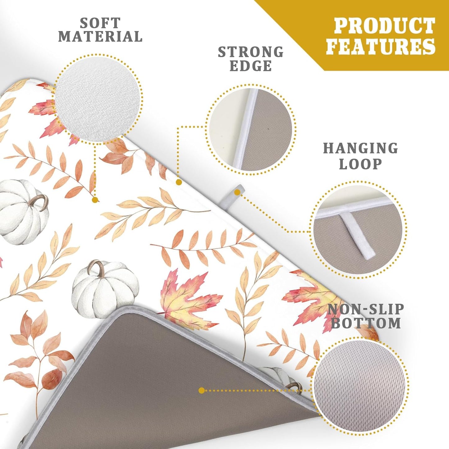 Fall Dish Drying Mat for Kitchen Counter Autumn White Pumpkins Maple Leaves Seasonal Super Absorbent Reversible Microfiber Kitchen Countertop Protector Dishes Pad Large 18x24 inch