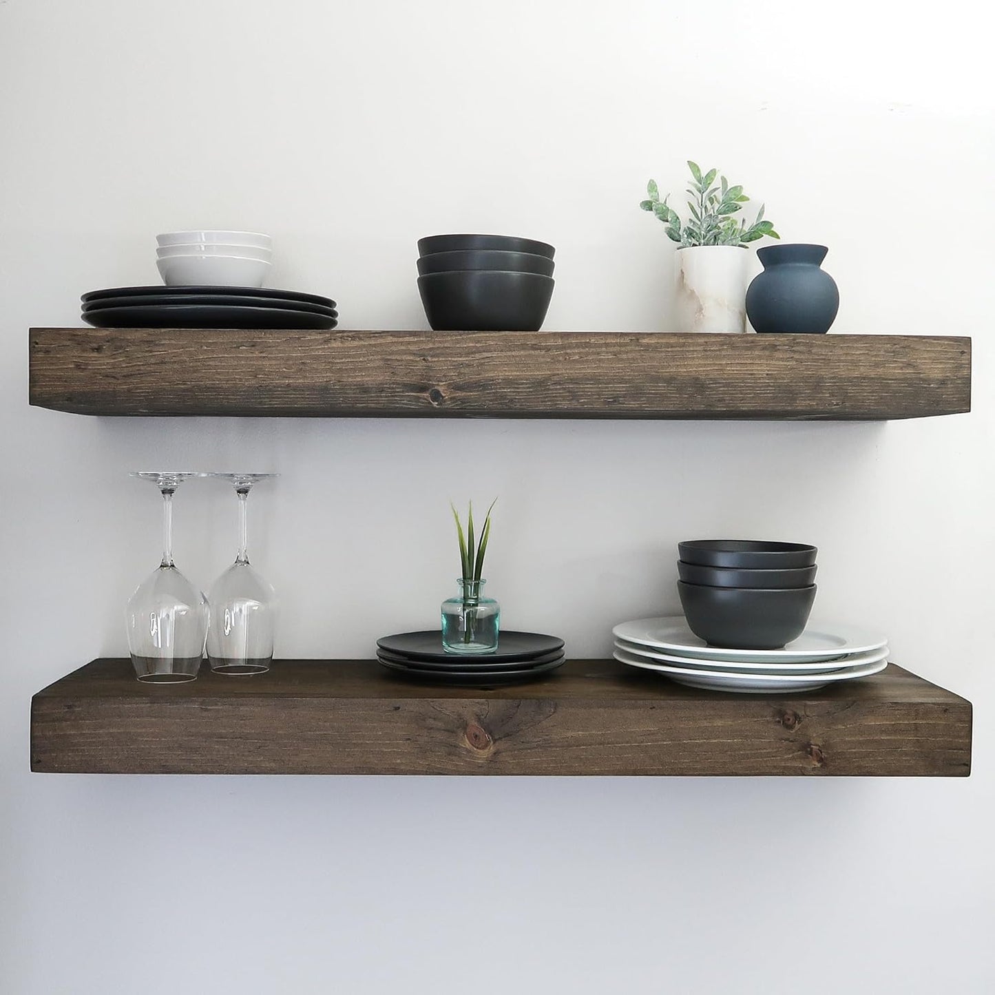 Modern Floating Shelves 3 Inches Thick for Wall, Wide Shelves for Kitchen, Living Room, Bedroom, and Bathroom, Natural Pine Wood, Rustic Wooden Shelf, (Set of 2) (Jacobean, 60Lx3Hx8D)