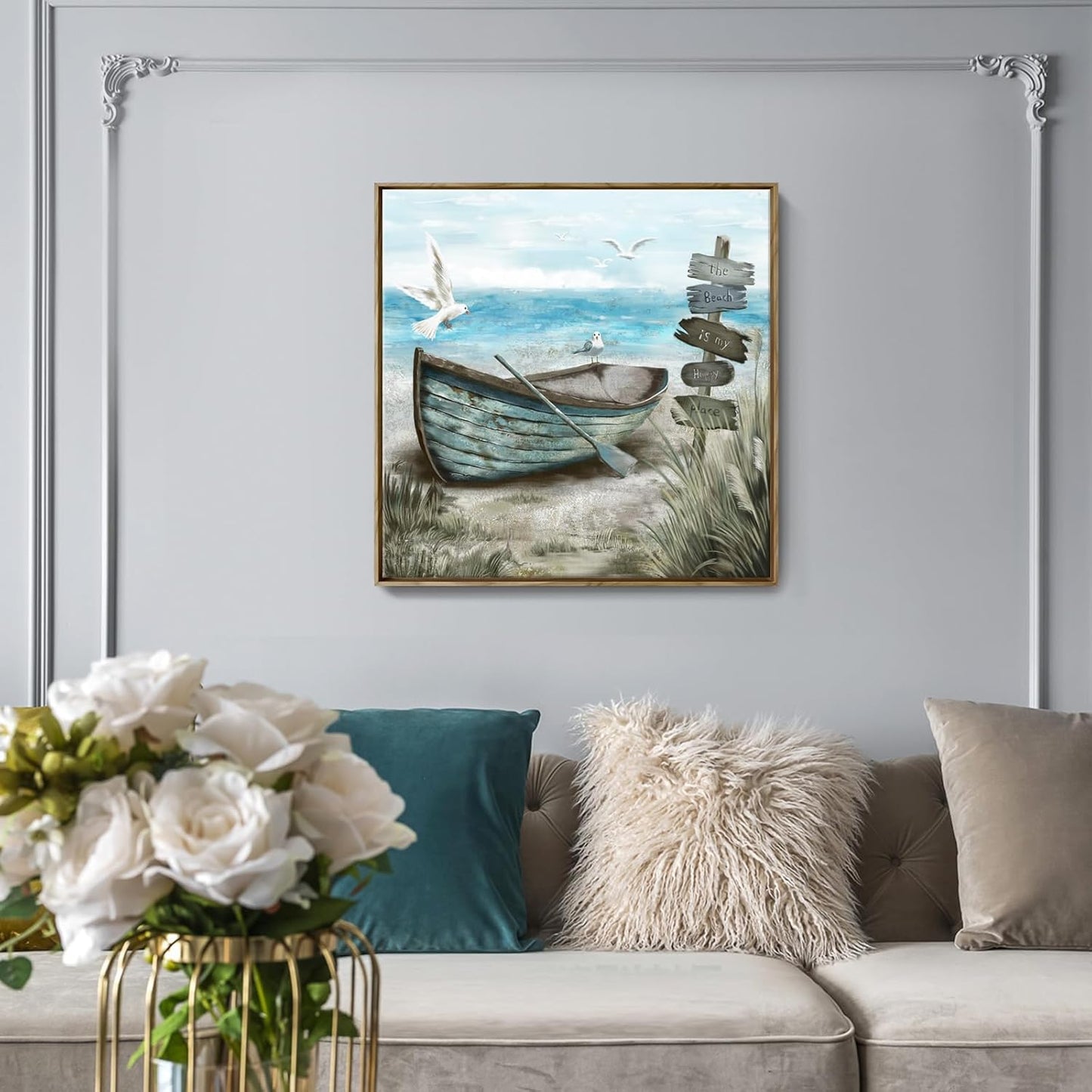 Framed Wall Art Bedroom Nautical Decor Boat Canvas Picture Rustic Coastal Sand Canvas Print Ocean Beach Painting Seascape Sea Bird Vintage Ship Artwork for Seaside Home Living Room Office Bathroom