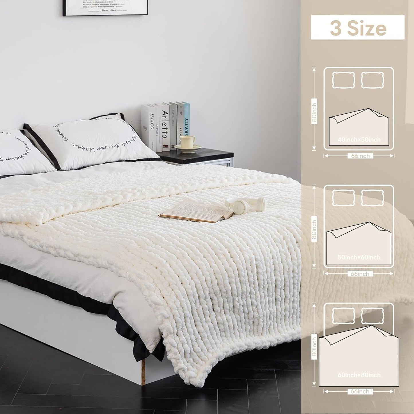 Chunky Knit Blanket - Luxury Soft Cozy Extra Large Size (80 * 90) Throw Blanket,100% Woven Blanket Rope Knot Throw Blanket for Couch, Sofa, Home Decor, Gift - Machine Washable（Milk White ）