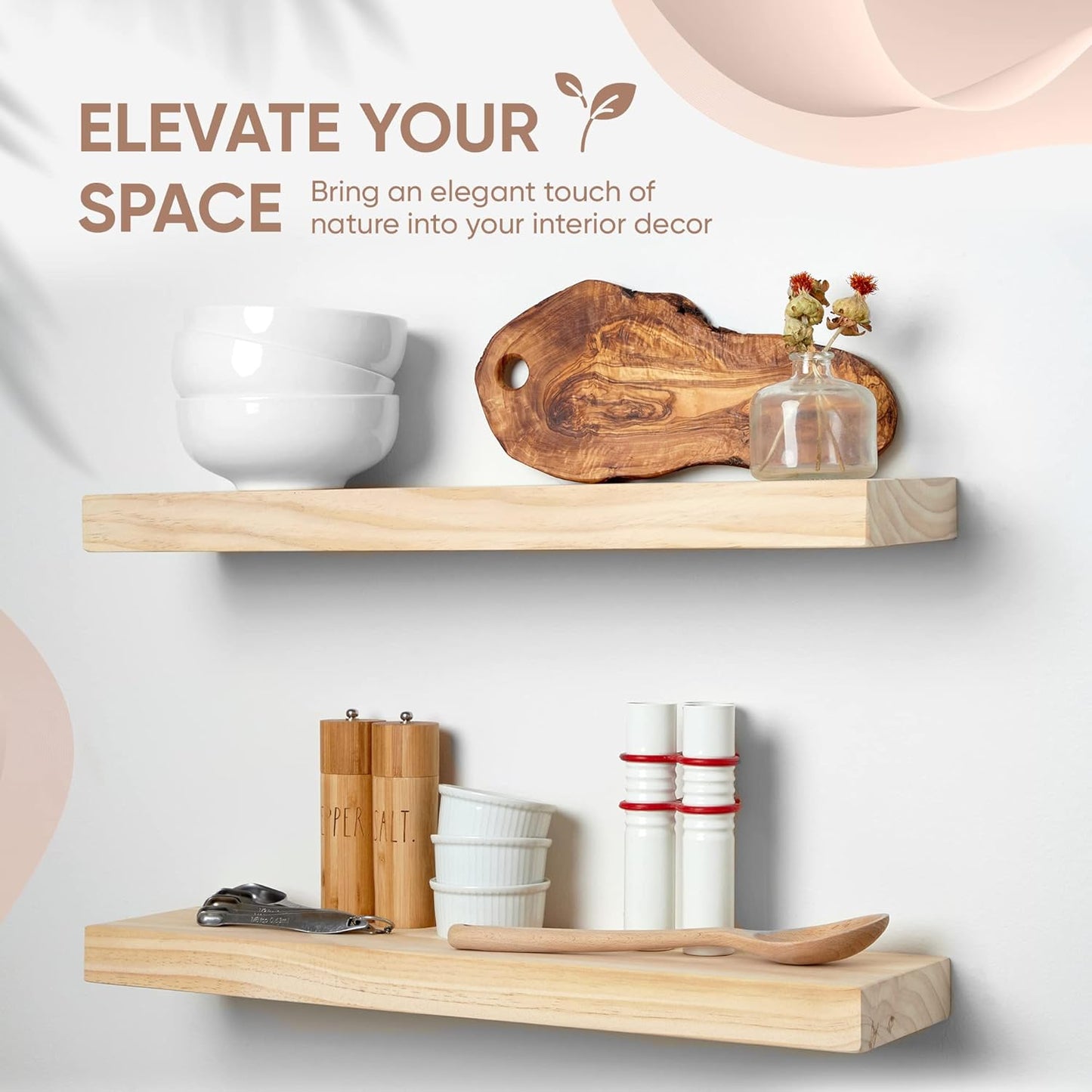 Homeforia 24 inch Natural Floating Shelf, High End Solid Real Wood 24inch Small Floating Shelves for Wall Mounted, Natural Wooden Floating Shelves, Heavy Duty Bracket, 24 X 6.5 X 1.75 in, Set of 2