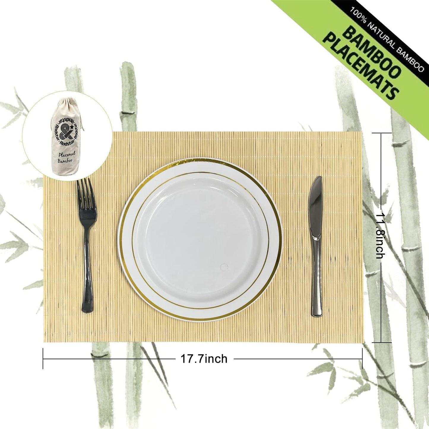 ANDSTAR Set of 12 Pcs Bamboo Placemats Sushi Rolling Mat Japanese Style Natural Anti-Slip Bamboo Placemats Washable Heat-Resistant Table Mats for Dining Room and Kitchen（ Natural Color）