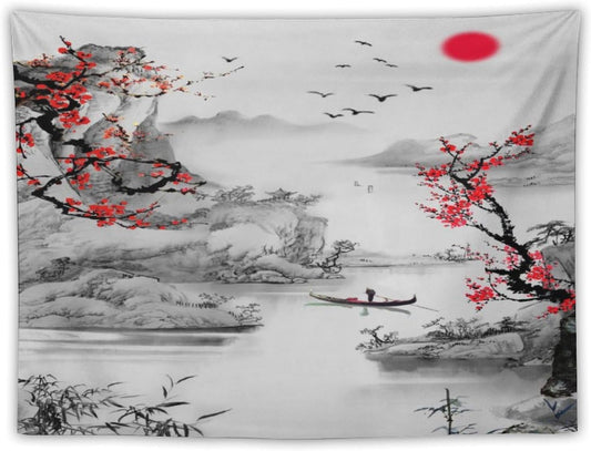 Cherry Blossoms Tapestry,Japanese Red Landscape Watercolor Abstract Art Tapestry,Asian Japanese Wall Tapestry, Nature Landscape Tapestries for Bedroom Living Room Decor 80"x60"