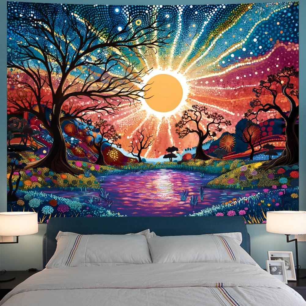 Serborlur Tree of Life Tapestry Trippy Sun Forest Tapestries Colorful Starry Sky Tapestries Hippie Nature Landscape Tapestry Wall Hanging for Bedroom (39.4" x 52.4")