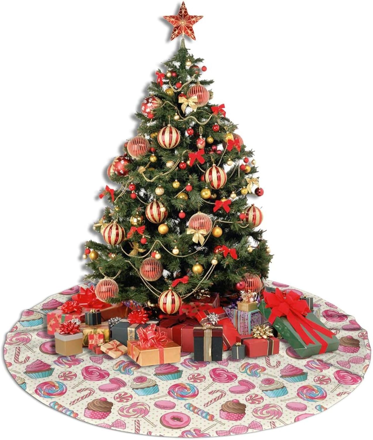 Christmas Tree Skirt,Sweet Lollipop Candy Macaroon Cupcake Donut Xmas Tree Skirt Rustic Farmhouse Tree Skirt for Christmas Decor Xmas Holiday Home Party Decorations48