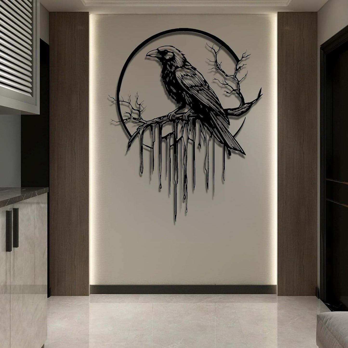 Crow Metal Wall Decor, Raven Wall Art, Large Gothic Raven Decor Hangings, Bird Wall Decor, Metal Tree Branch Decor, Ravens Sign, Raven Art for Living Room (White, 47"x38" | 120x96cm, metal wall art)