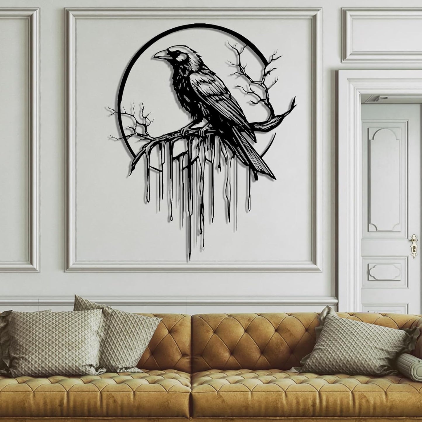 Crow Metal Wall Decor, Raven Wall Art, Large Gothic Raven Decor Hangings, Bird Wall Decor, Metal Tree Branch Decor, Ravens Sign, Raven Art for Living Room (Silver, 47"x38" | 120x96cm, metal wall art)