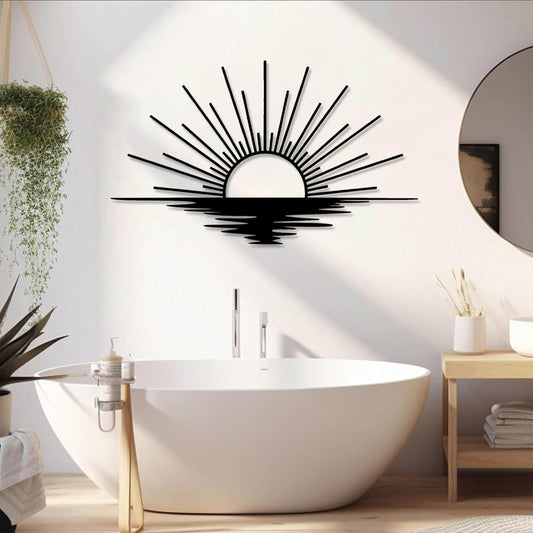 Sunrise Metal Wall Art, Metal Sun Wall Decor, Sun Outdoor Wall Art, Abstract Sunrise Wall Decor, Boho Home Hanging, Living Room Wall Hanging (Black, 48"x29"/121x72cm)