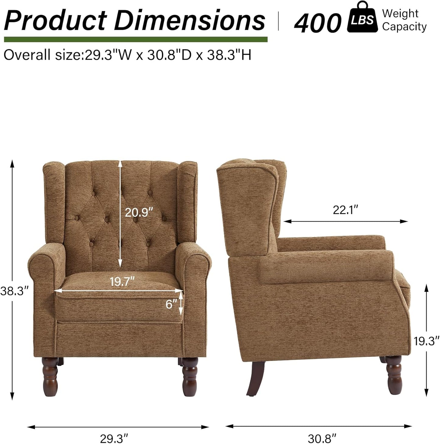 Accent Chair, Upholstered Armchair with Button Tufted High Back & Solid Wood Legs, Comfy Wingback Reading Single Sofa Chair for Small Spaces, Living Room, Bedroom (Brown, Set of 1)